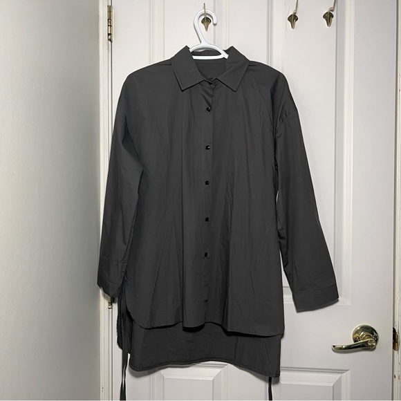 [SOLD] Unique Korean Grey Unbalanced Button Up Shirt with Ribbons - Picture 8 of 10